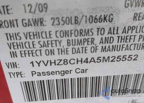 2010 Mazda Mazda6 I Touring Plus из США, поврежденный, VIN 1YVHZ8CH4A5M25552